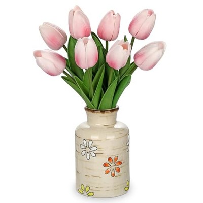 10.6IN Artificial Tulips in Ceramic Vase, Real Touch Flowers Faux Tulips Pink
