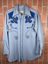 RARE Vintage 70's H Bar C Blue Embroidery Cowboy Western Shirt Medium Pearl Snap