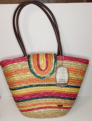 NWT Sun N Sand Straw Beach Tote Colorful Stripes with Inside Lining & Pocket