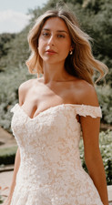 British Bridal A-line Lace Portrait Off-Shoulder Wedding Dress 