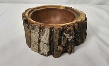 Vintage Hand Crafted Wooden Bowl Live Edge Bark Artisan Signed