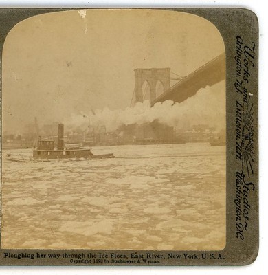 Steamer ploughing her way through the Ice floes East river NYC NY Stereoview