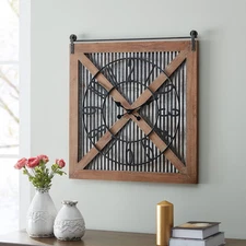 & Co. Brown and Silver Fieldhaven Barn Door Wall Clock for Home Office, Kitchen,