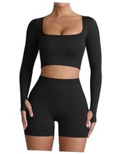 Two Piece Workout Set for Women Long Sleeve Top Matching High Medium Black