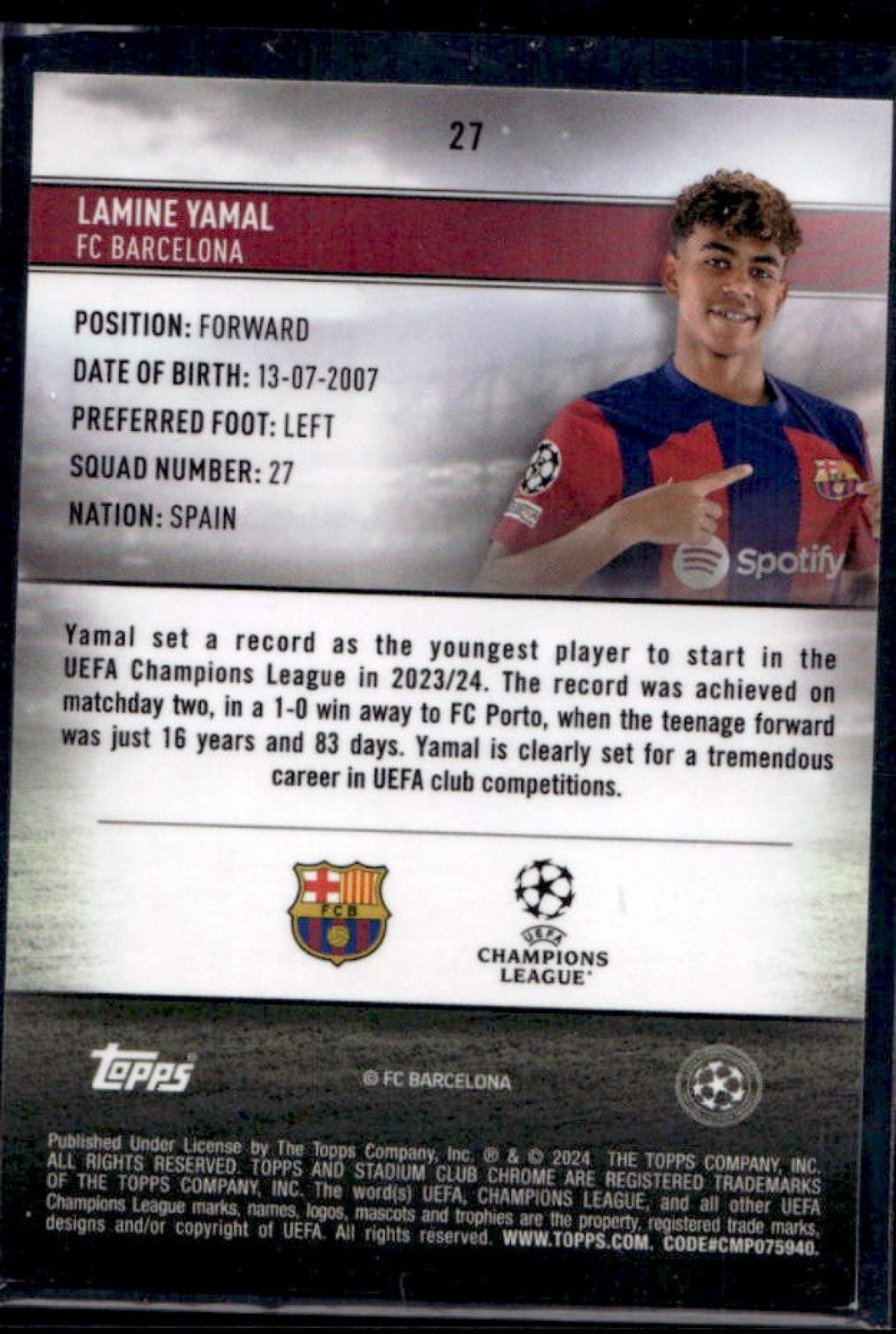 2023-24 Topps Stadium Club Chrome UEFA Lamine Yamal RC Rookie #27 Barcelona view 2