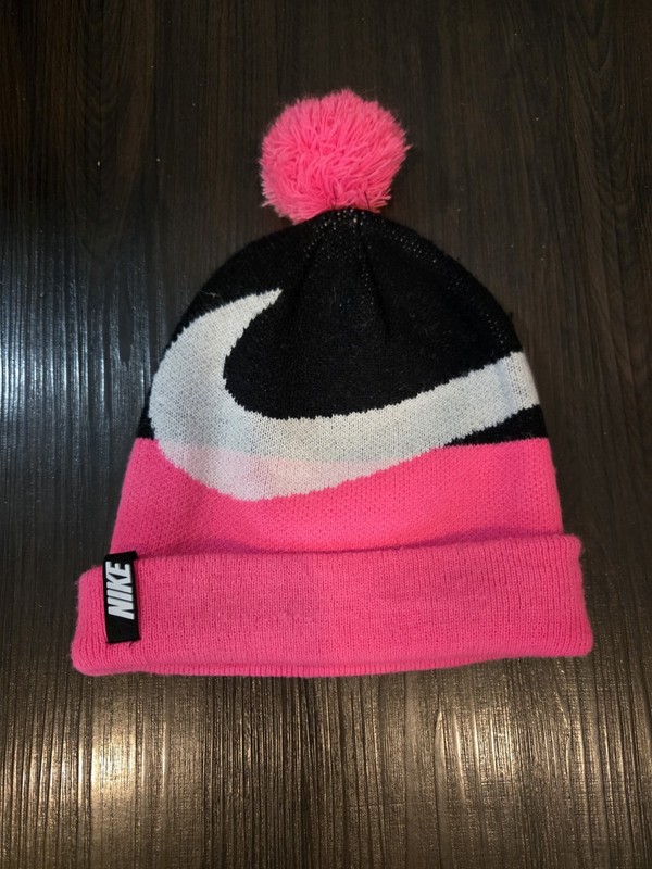 Nike Beanie Hat Youth Pink & Black w/ White Swoosh, Pink Pompom Top