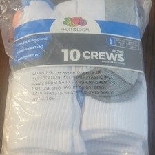Fruit of the Loom Boys Crew Socks 10 Pairs Large 3-9 White Gray Blue Orange Red