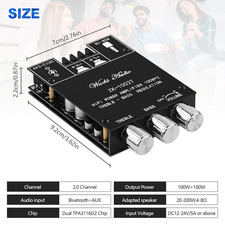 ZK 1002T Bluetooth 5.0 Amplifier Board 2X100 Watt Amp with TPA3116D2 Chip Stereo