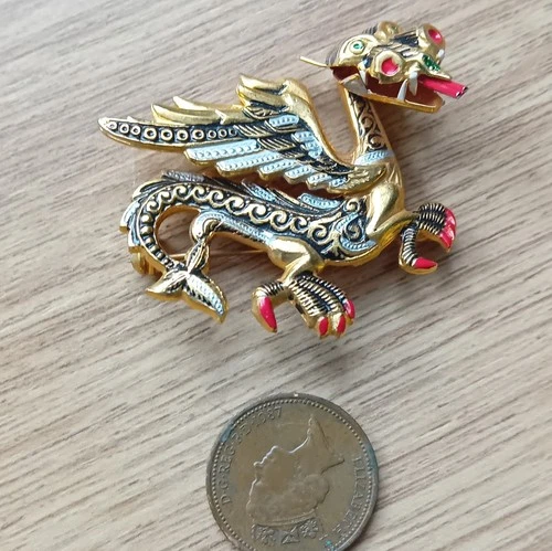 FABULOUS VINTAGE DAMASCENE DRAGON BROOCH  SIGNED SPAIN