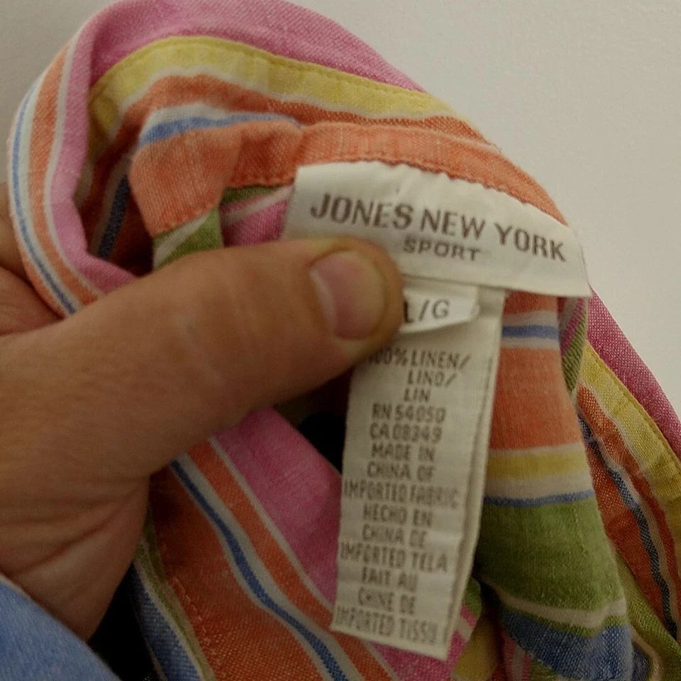 Camisa Jones New York Sport Mujer L Abotonada Lino Multicolor Rayas Larga Slv Foto 3 de 3