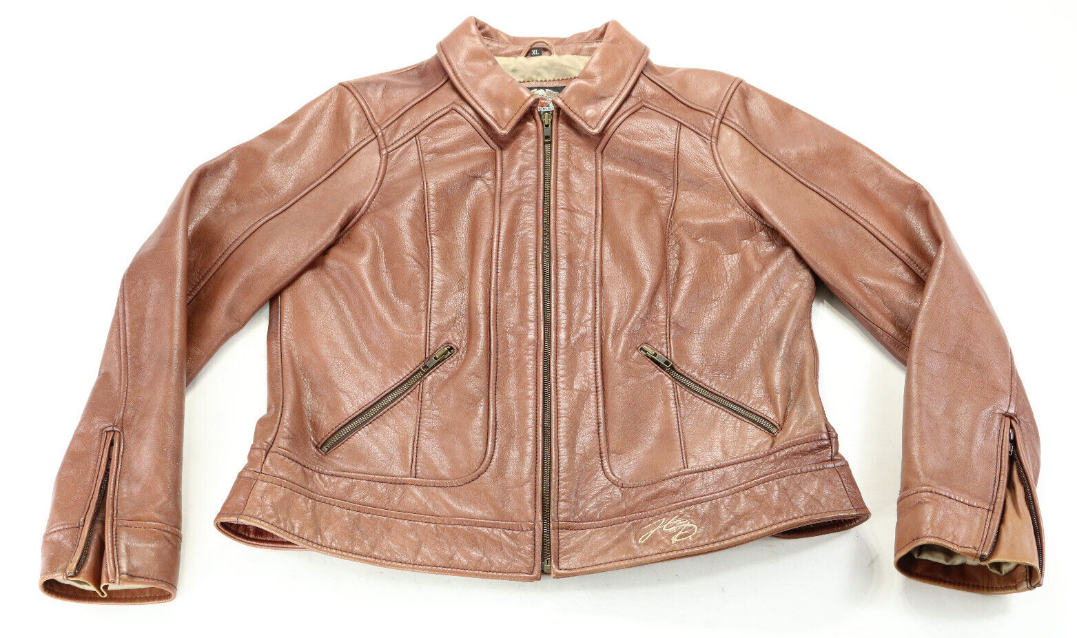 harley davidson jacket XL brown leather collared zip bar pockets Dusty Roads euc image 2