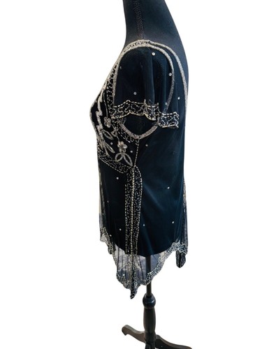 Art Deco-Inspired Black Beaded Fringe Sequin Top Scala L Retro 70s 90s Party - Picture 4 of 12
