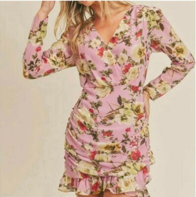 LUSH Mauve Floral Ruffle Hem Rouched Surplice Bodice Long Sleeve Mini Dress 
