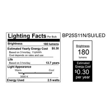 Feit Electric BP25S11N/SU/LED 2.5W 3000K 180 Lumens Warm White LED Light Bulb