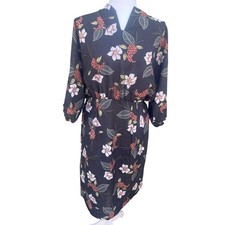 Women's Vintage Midi Dress V-Neck Long Sleeve Floral Print Black Size M