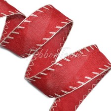 10 yards Christmas Red Beige Stitched Farmhouse Country Wired Ribbon 1.5" Wide