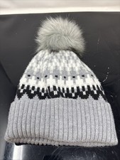 Time and Tru Gray Black White Pattern Knit Winter Hat Beanie with Pom Pom
