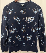 AUTH Kenzo Blue Floral Motif Printed  Embroidered Cotton Sweatshirt M 385