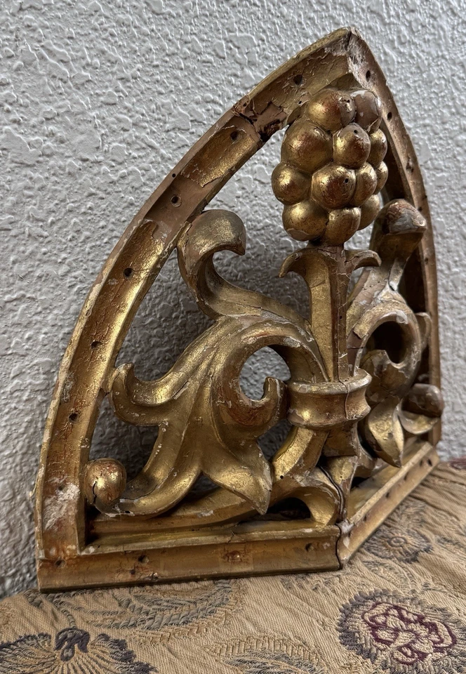 Antiguo panel de uva floral arquitectónico barroco de madera dorada tallada siglo XVIII francés Foto 4 de 4