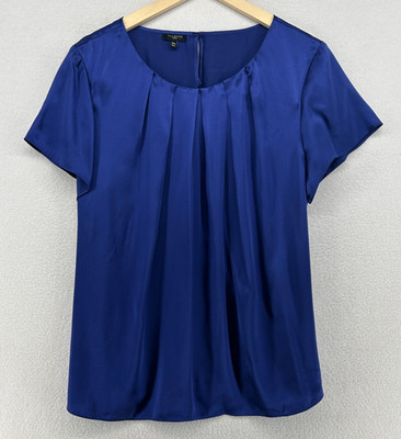 TALBOTS Top 18W Plus Silk Satin Pleated Blouse Short Sleeve Back Keyhole Blue
