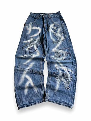 PACO Herren Jeans Blau Denim W30 weites Bein Relaxed Stickerei Y2K HipHop 2000s
