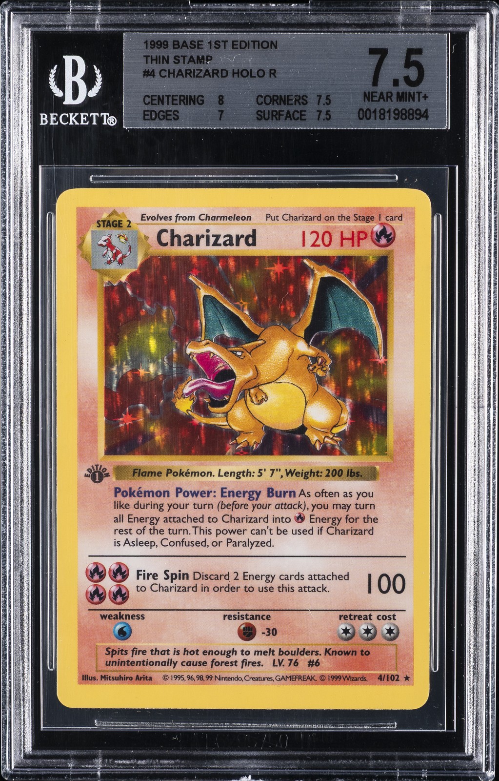 1999 POKEMON BASE 1ST ED,  THIN STAMP #4/102 CHARIZARD BGS 7.5