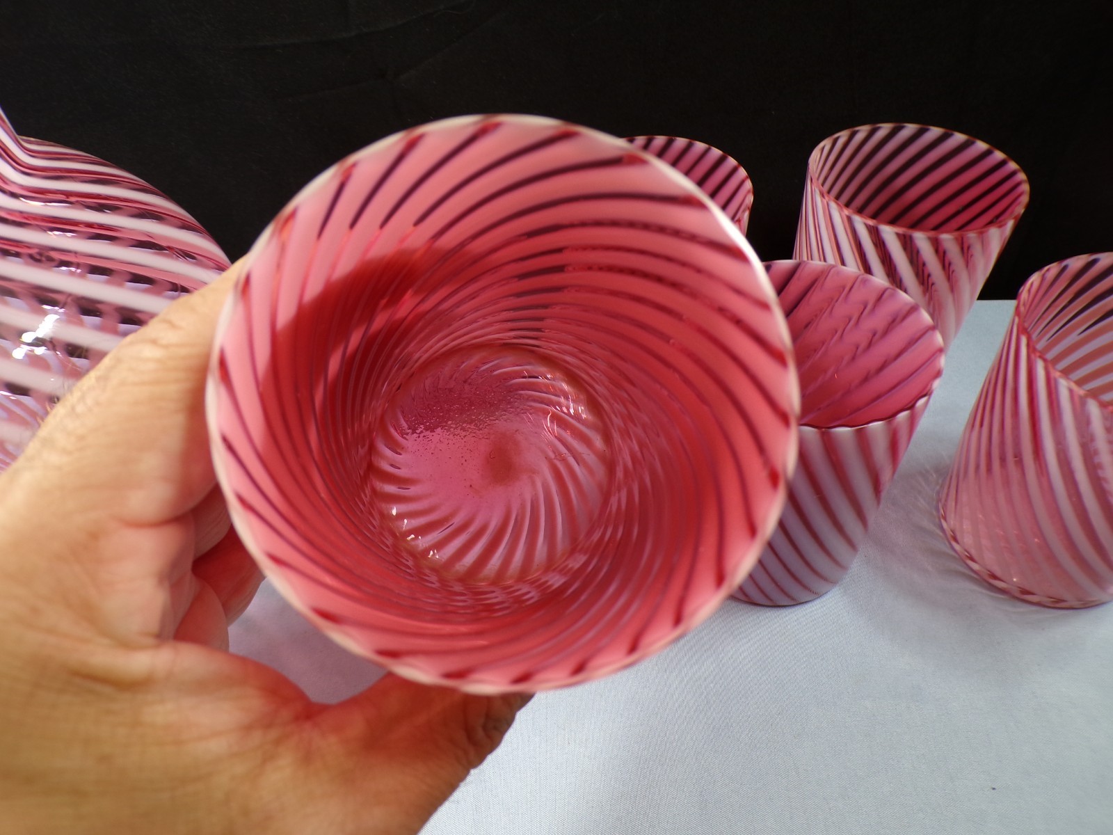 Northwood Cranberry Opalescent Swirl Spiral Optic Water Set Pitcher & 6 Tumblers