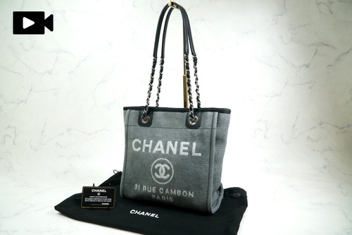 [Rank AB] CHANEL Deauville PM Canvas Leather Chain Tote Shoulder Bag Gray Auth