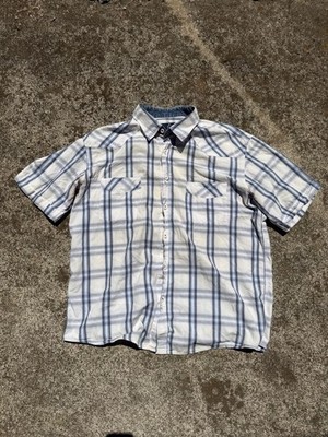 Pool Original Blue and White Plaid Short Sleeve Western Snap Button Up Shirt