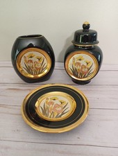 Black Porcelain Chokin Art Vases with 24k Gold Trim Made In Japan 4 Pieces