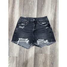 American Eagle Black Distressed Denim Shorts High Waisted Raw Hem Size 6