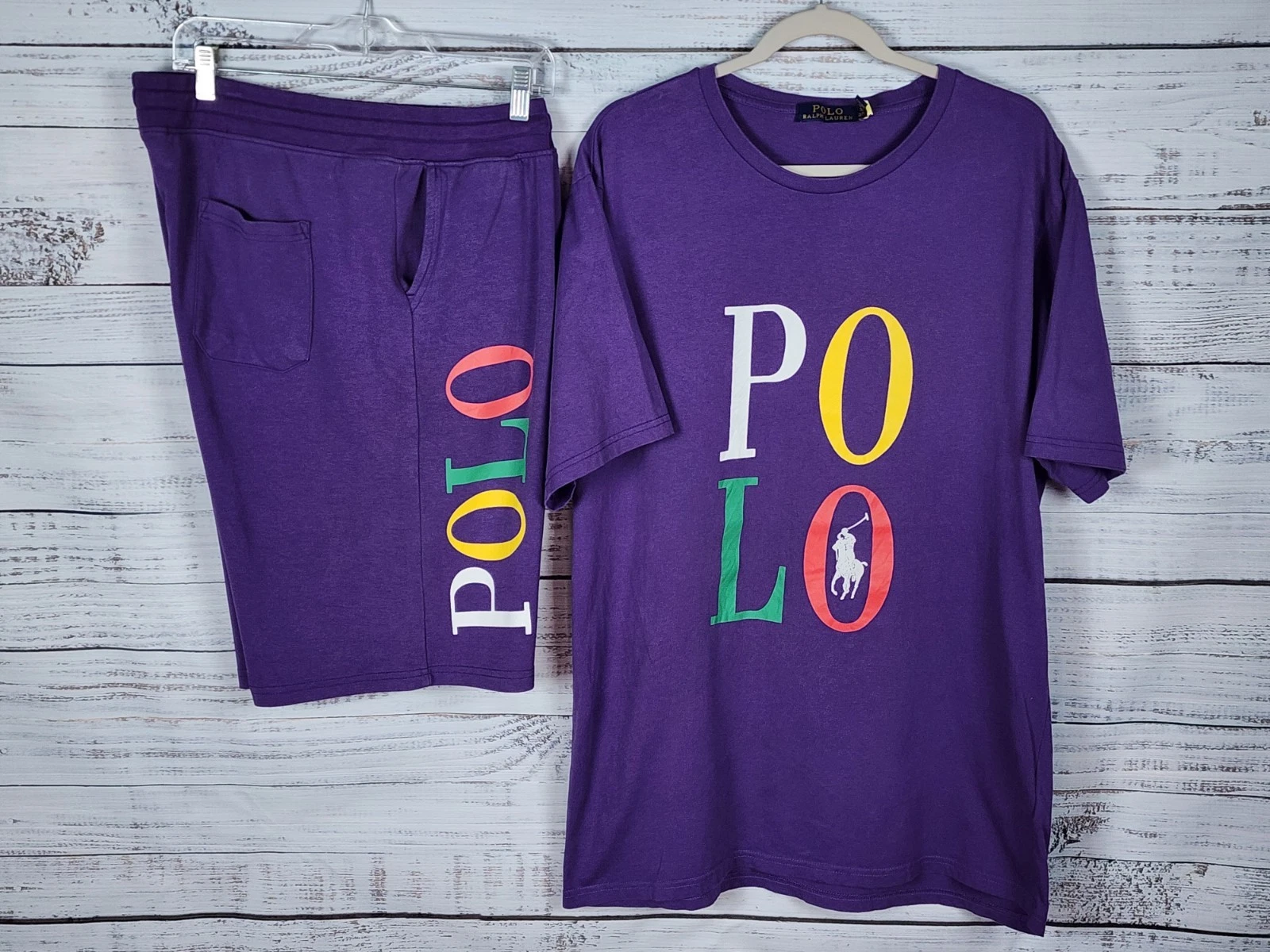 Vintage Polo Ralph Lauren Outfit Mens Sz 3XL Sweat Shorts & T Shirt Puple 90's