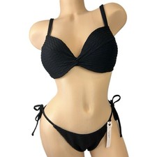 Victorias Secret Swim Bikini Set Black Textured Top Side Tie Cheeky Bottom 34D M