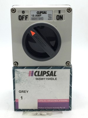 Clipsal 56SW115HDLE Surface Switch 1 Gang Single Pole 15A 250VAC Grey Less Enclo
