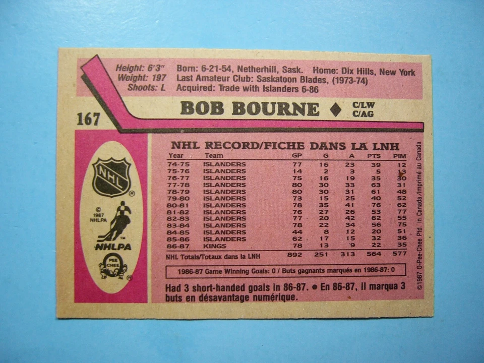 1987/88 O-PEE-CHEE NHL HOCKEY CARD #167 BOB BOURNE EX/NM AUTO AUTOGRAPH OPC - Image 2 of 3