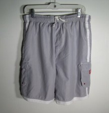 Castaway Men's Size M 32/34 Grey White Stripes Mesh Lined Board Shorts 9" inseam