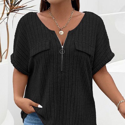Plus Size Fashion Women's Solid Short Sleeve T-Shirt Female Summer Zip  Front Top UK