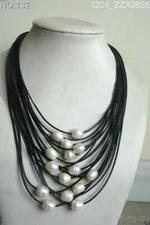 New 11-12mm White Baroque Freshwater Pearl Multi-Strand Black Leather Necklace