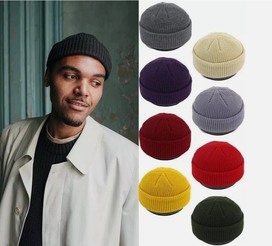 Black Mens Mini Short Fisherman Beanie Hat Winter Ribbed Docker Warm Knitted