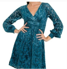 Michael Kors Luxe Teal Deep V Metallic Burnout Mesh Fit & Flare Dress Sz S **