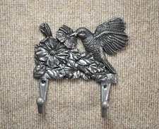 Double Coat Hook Cast Aluminum Bird & Flower Decor Double Wall Mount Hanger, New