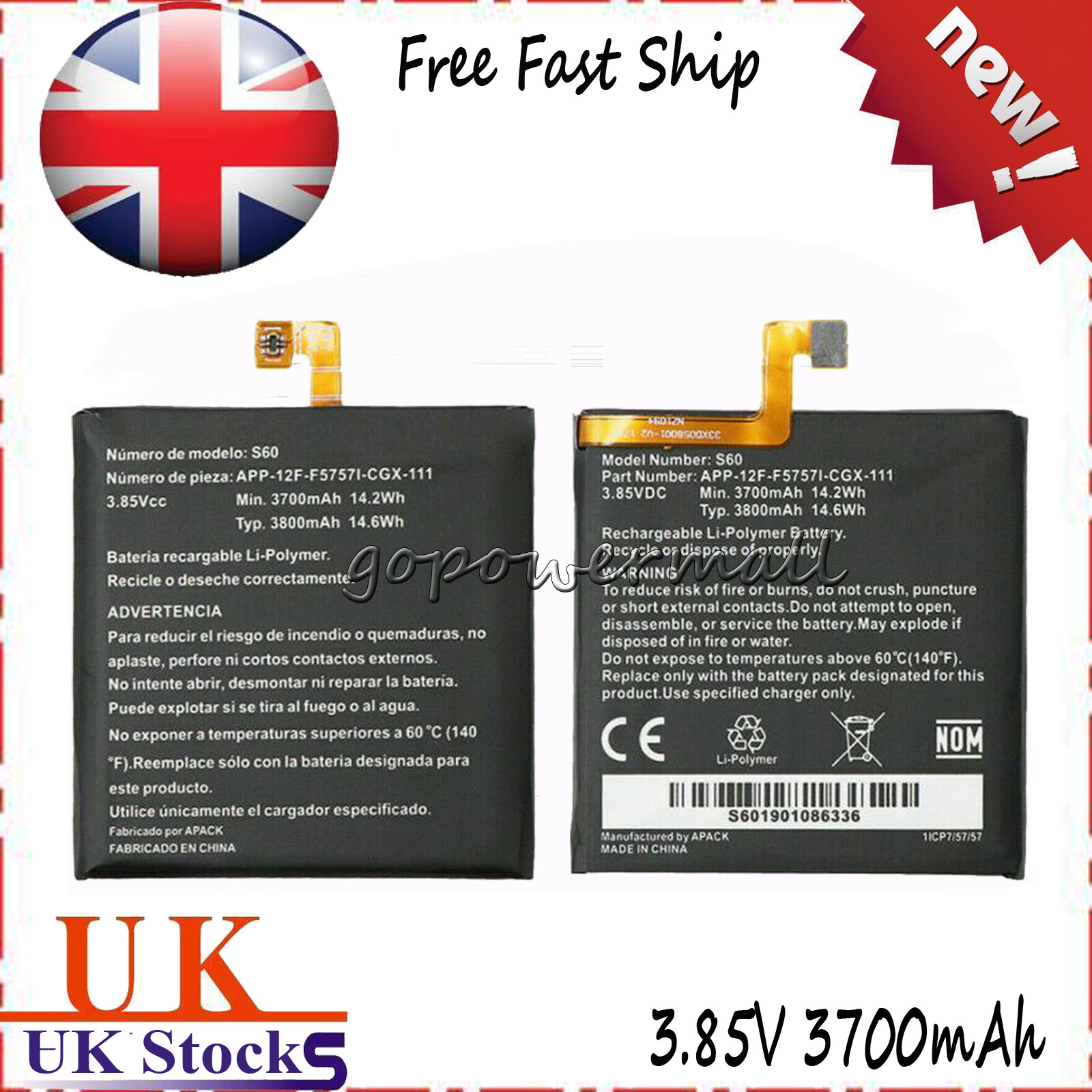 New Li-Polymer 3800mAh 3.85V Rechargeable Battery S60 For CAT CATERPILLAR S60