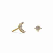 Gold-Plated CZ Moon and Star Stud Earrings 925 Sterling Silver