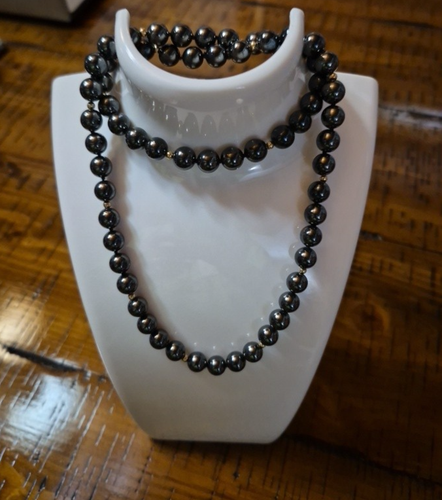 64 Hematite Beads Necklace 16 Gold Tone Spacers 22" Black Natural Stone Necklace - 第 1/7 張圖片