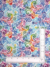 Rainbow Scrolls Fabric Mulcolor Swirls on White Cotton Hi Fashion By Yard