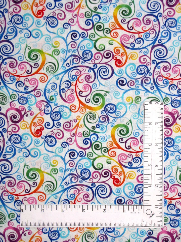 Rainbow Scrolls Fabric Mulcolor Swirls on White Cotton Hi Fashion By Yard