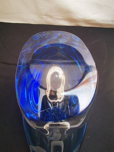 VINTAGE VAL SAINT LAMBERT LARGE BOWL, CENTERPIECE, CRYSTAL GLASS BLUE & CLEAR - Picture 12 of 23