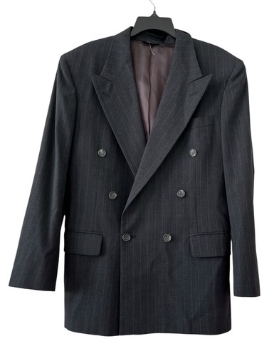 BILL BLASS Men's Charcoal Double Breasted Pinstriped 100% Wool Suit Jacket 40