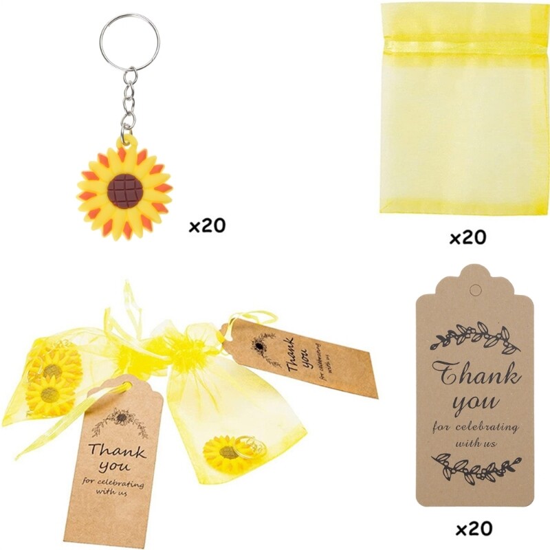 20 Sets Sunflower Party Favor for Summer Theme Keychain Organza Bags
