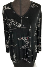 Chico's Blouse Blouse Women's Sz 3 Black White Pink Hearts Made in USA Pullover